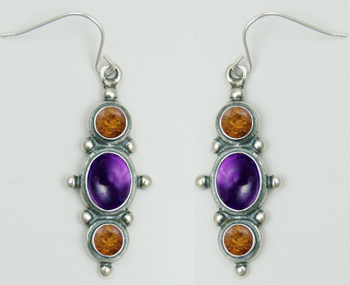 Sterling Silver Drop Dangle Earrings With Amethyst And Amber